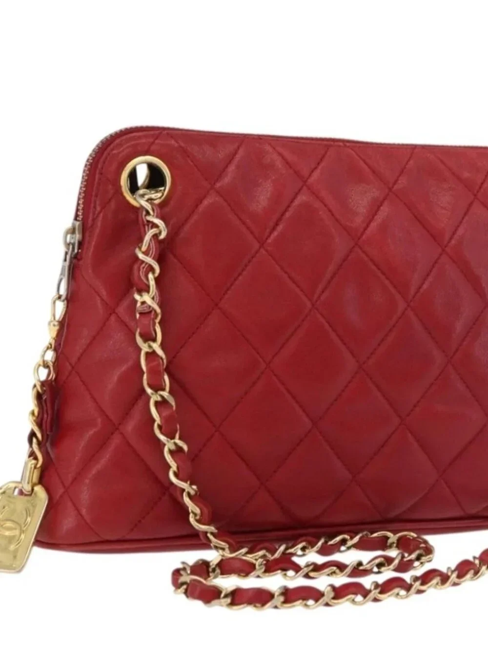 CHANEL Matelasse Chain Shoulder Bag Lamb Skin Red Gold CC Auth 176873